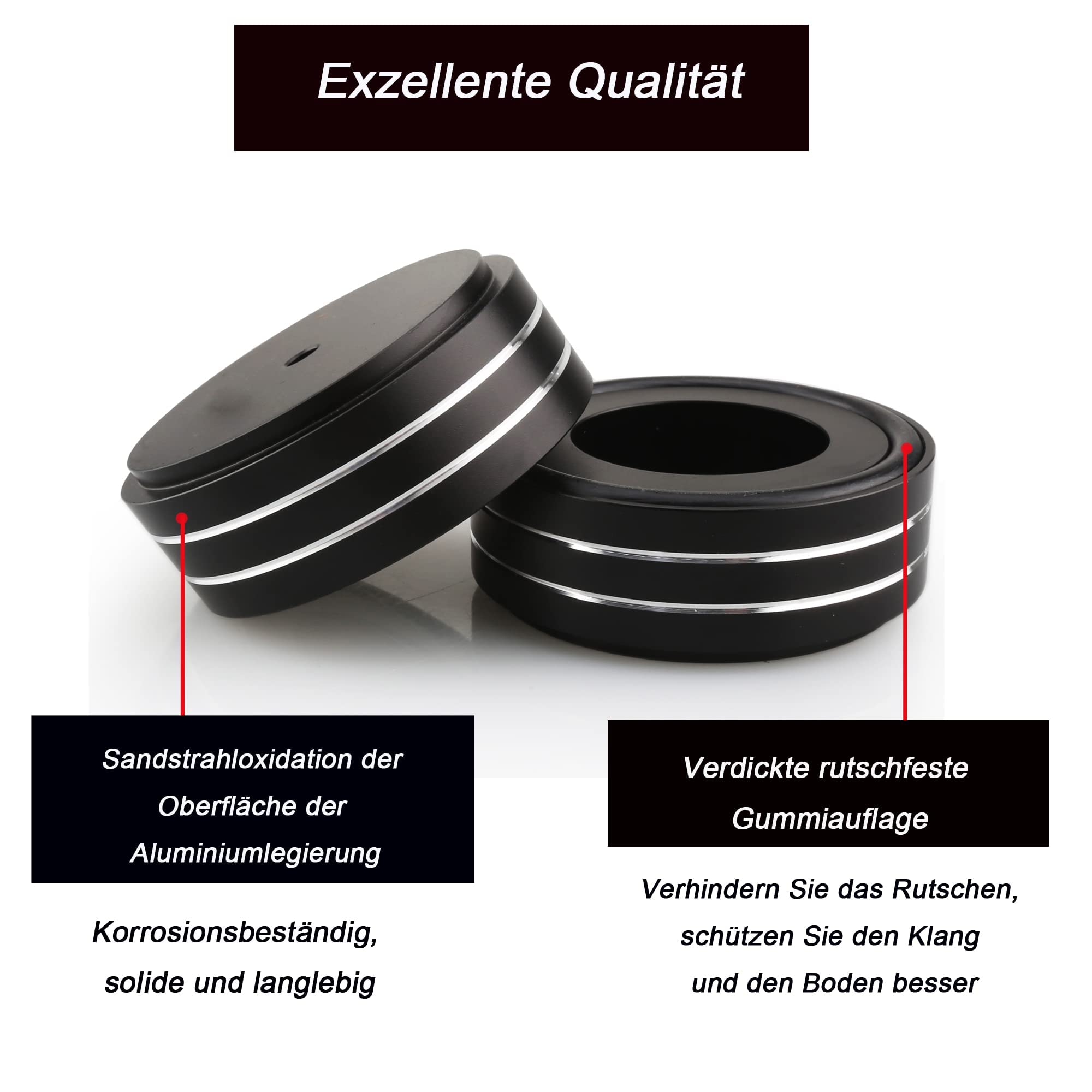 Piedini in alluminio 58x22 mm ammortizzatori vibrazioni HiFi nero con viti e anelli antiscivolo
