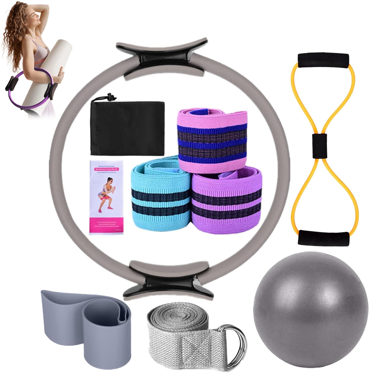 Better Me Pilates Essentials Kit for Women, 11-Piece Better Me Pilate Essential Kit, Booty Bands for Working Out Glutes Yoga Ball 25cm Figure 8 Resistance Band Yoga Bands for Stretching (Gray)