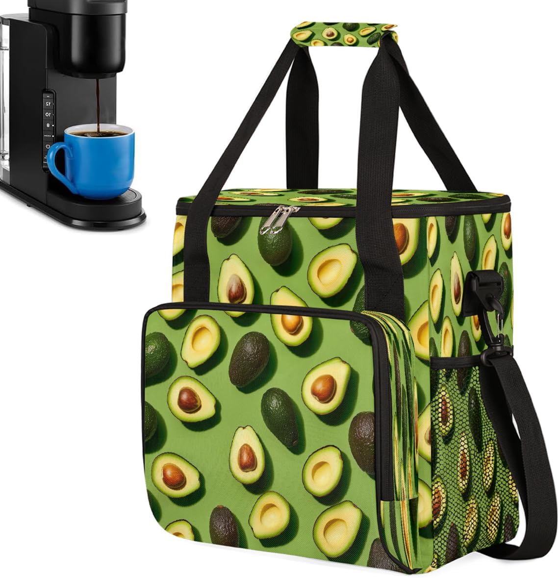 Bolsa de transporte para cafetera compatible con Keurig Mini o K Mini Plus, bolsa de almacenamiento portátil para cafetera de una sola porción con correa para el hombro, patrón de tonos mixtos de color verde aguacate