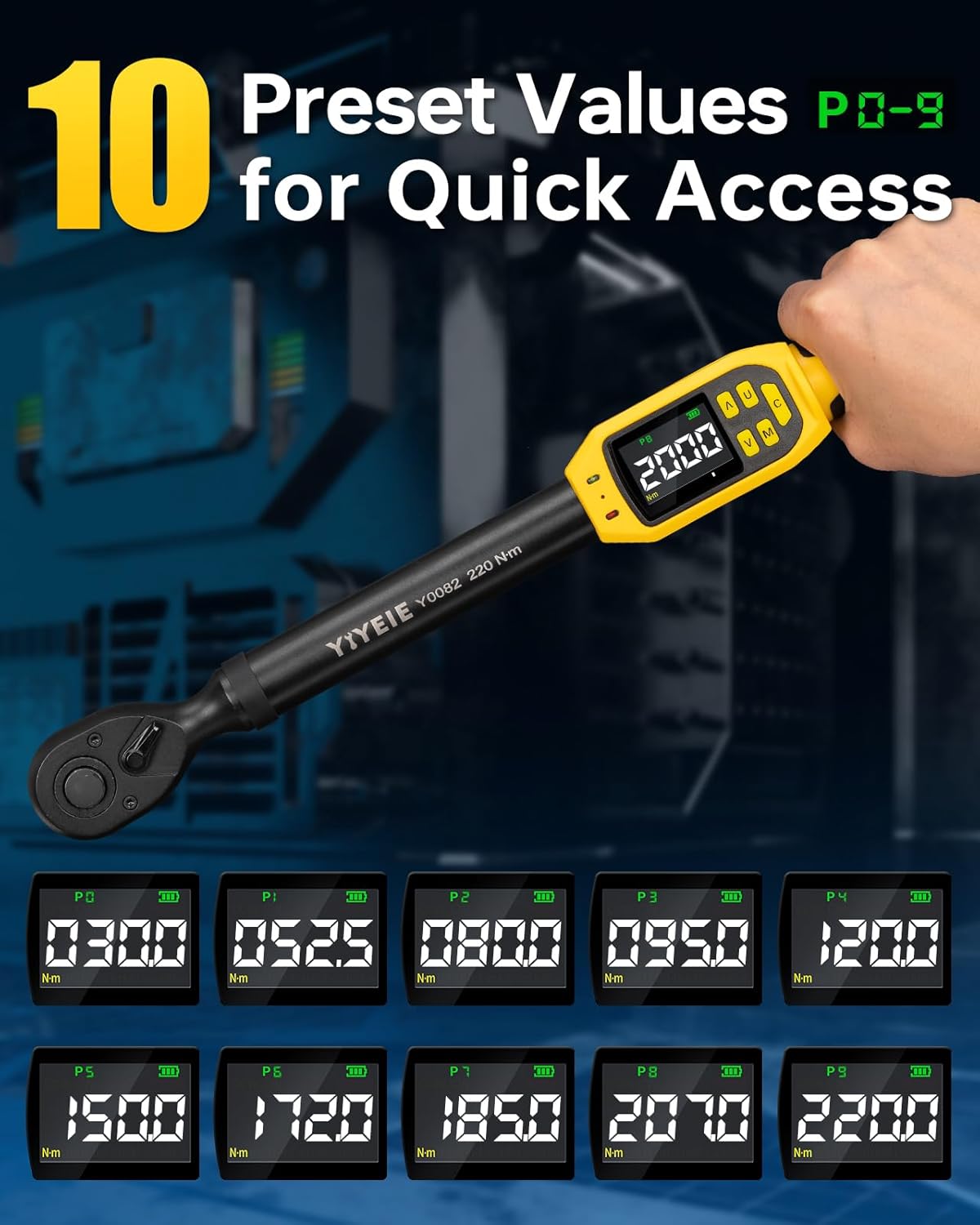 YIYEIE Digital Torque Wrench 1/2" Drive, 8.5-160 Ft-lb/10-220 N.m, ±1% Accuracy, Electronic Torque Tool with Buzzer and LED Alert, 1/2 Torque Wrench Set 8Pcs with Sockets for Motorcycle, Car Repair