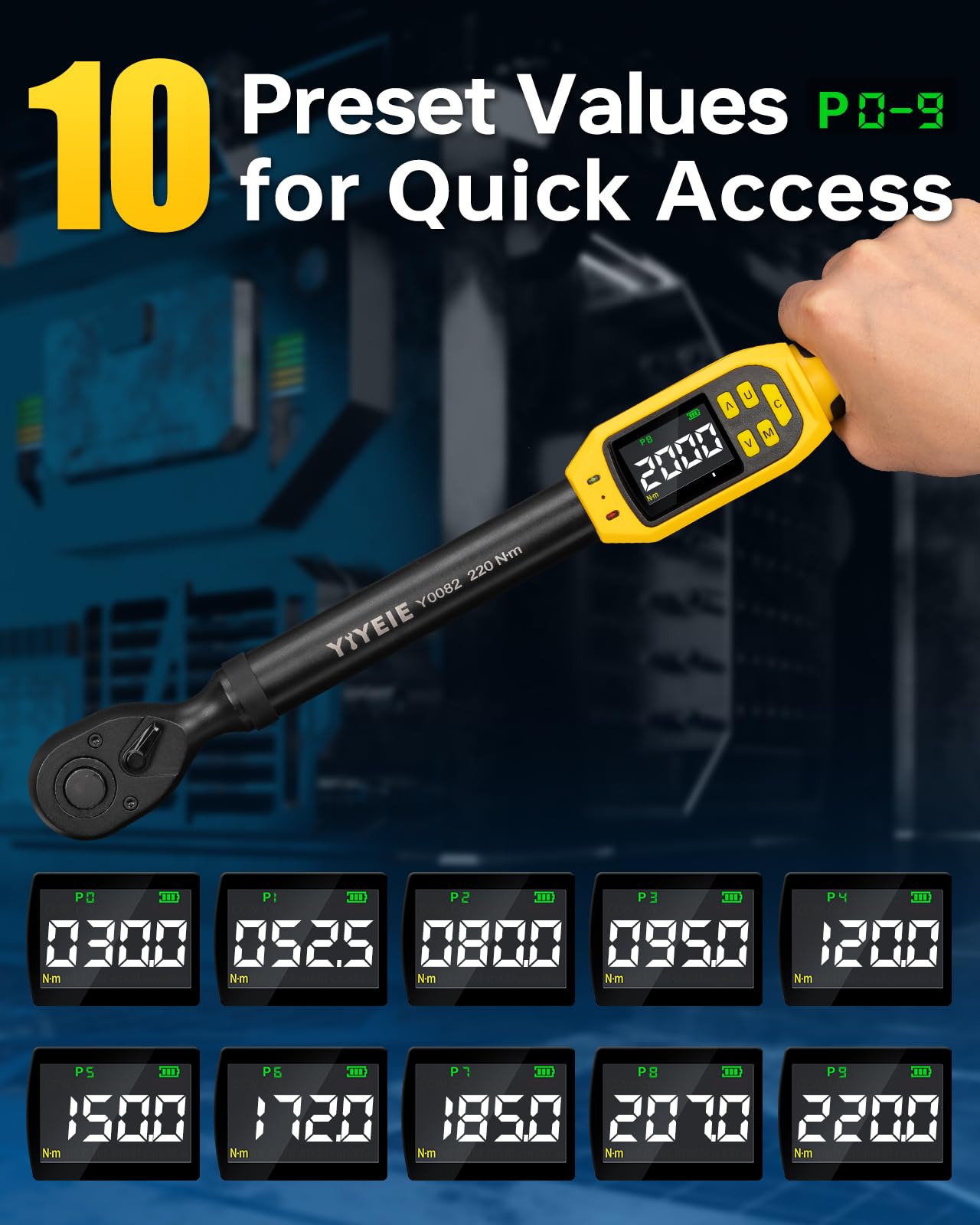 YIYEIE 8 llaves dinamométricas digitales de 1/2 pulgada | 8-160 pies-libras | Precisión ± 1% | Alerta inteligente Multi | Kit de lengüeta de neumático de 1/2 pulgada para motocicleta, automóvil