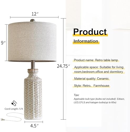 Miniatura 7 de Juego de 2 lámparas de mesa de cerámica de granja de 24.75 pulgadas para dormitorio, sala de estar, vintage, tradicional, rústico, moderno, blanco