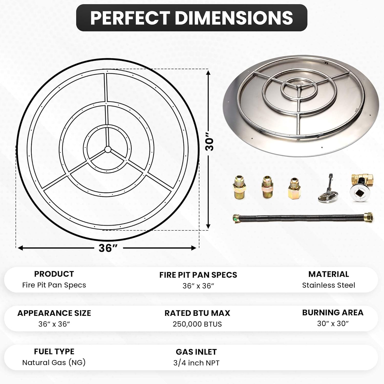 Fire Pit Burner Pan & Ring - Works with Natural Gas - Stainless Steel Fire Pit Burner Kit 36-Inch Pan, 30-Inch Ring - 250,000 BTU Max