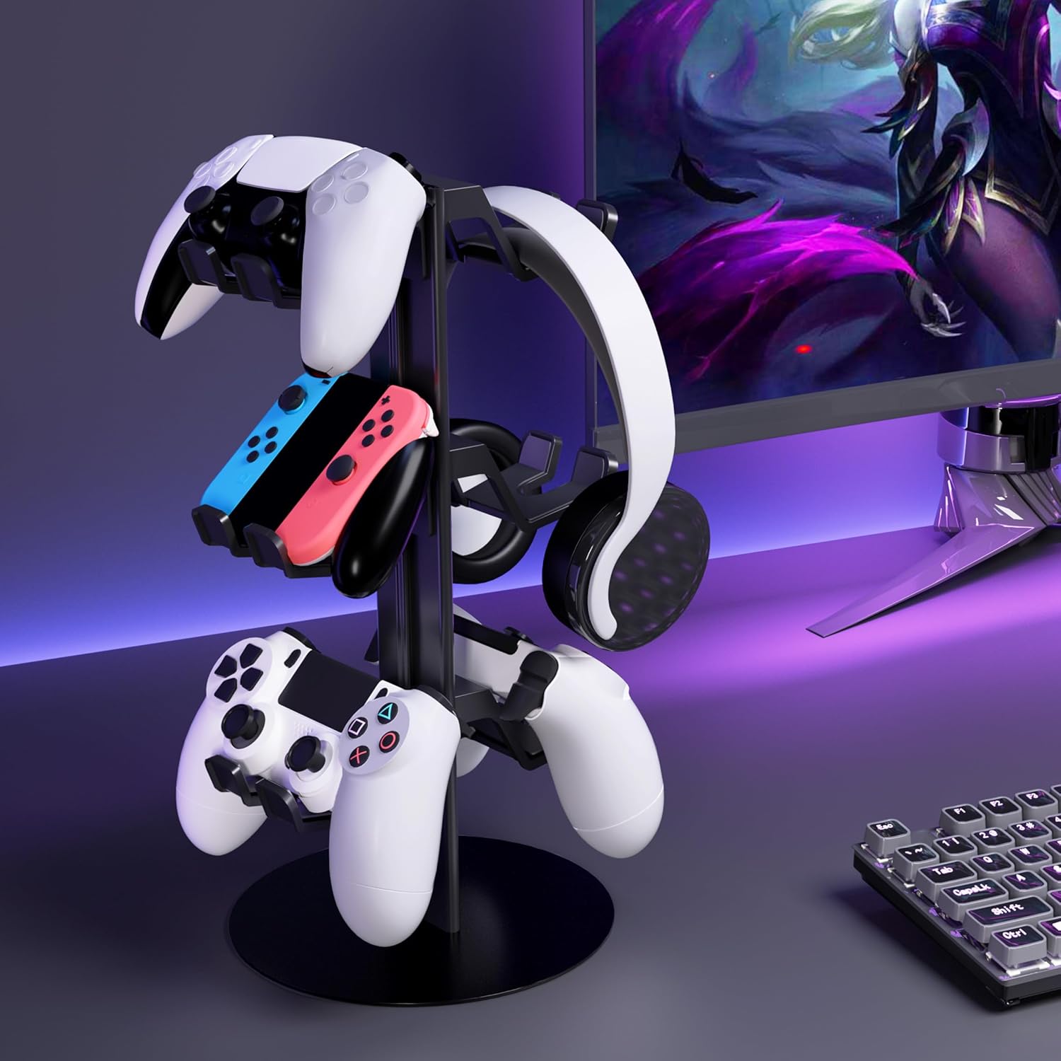 Game Controller Holder Stand Compatible with N-Switch 2 PS5 PS4, 4 Tiers Aluminum Gaming Headphones Stand Headset Holders & Desk Mounts for 8 Packs Controller