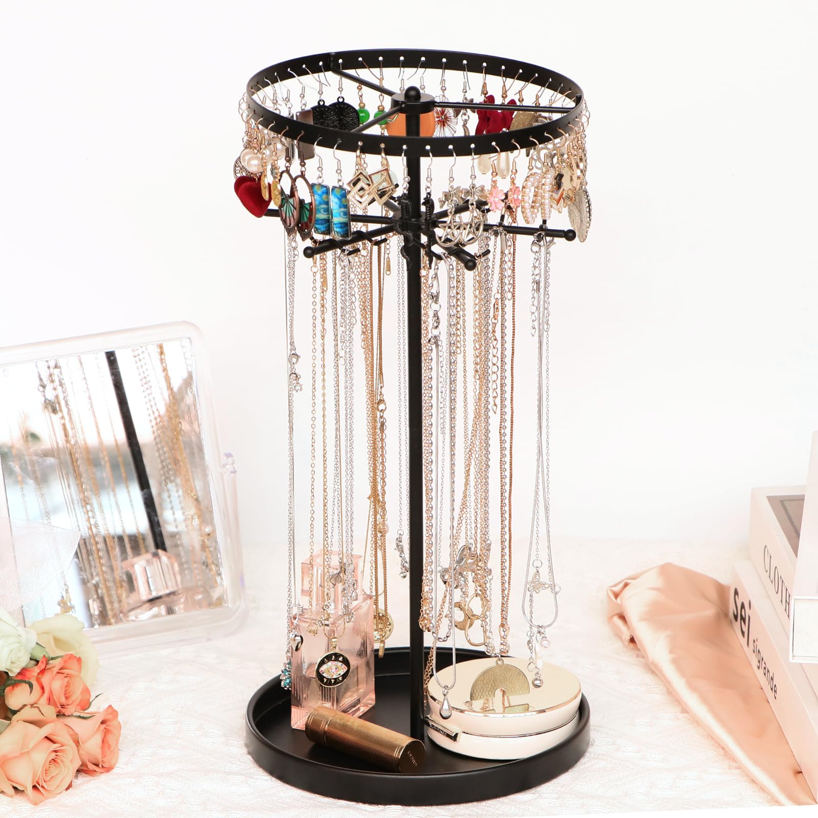 Rangement bijoux rotatif double niveau avec support boucles d'oreilles et colliers