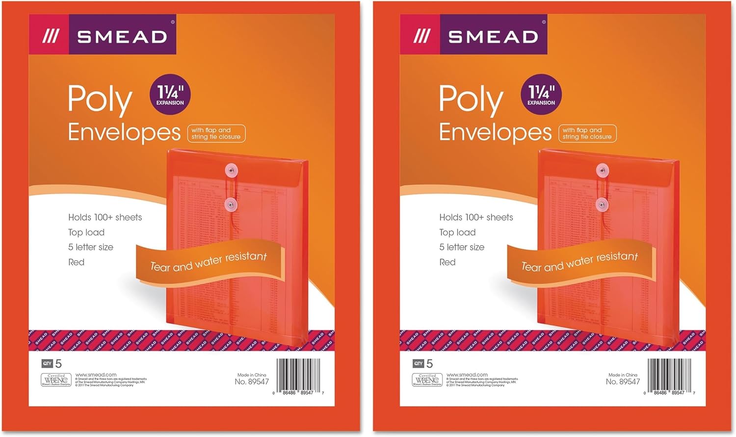 Smead Poly Envelope, 1-1/4" Expansion, String-Tie Closure, Top Load, Letter Size, Red, 5 per Pack (89547) (Pack of 2)