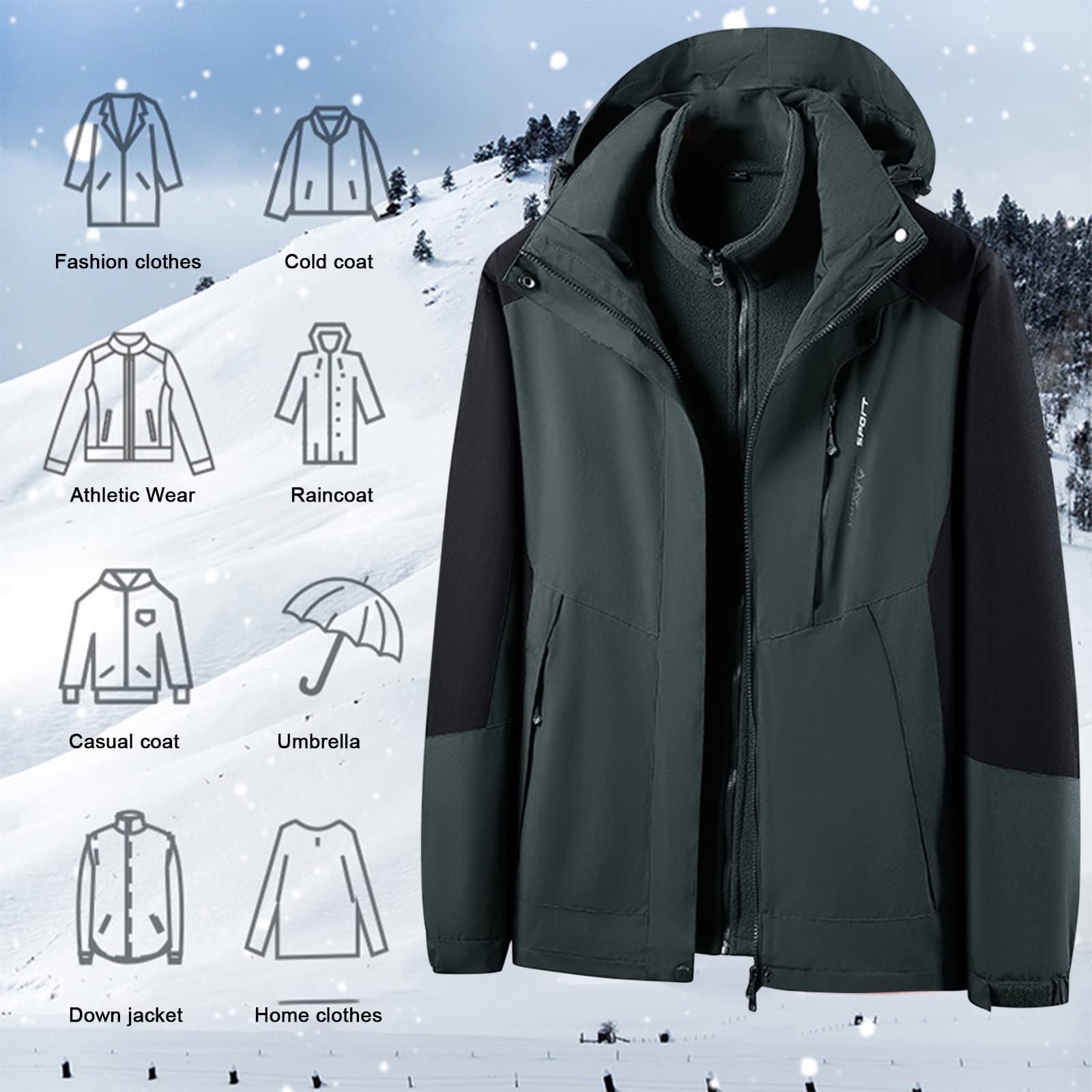 Chaqueta impermeable 3 en 1 para hombre, chaqueta resistente al agua, chaqueta cortavientos, desmontable, 2 piezas, chaquetas interiores de forro polar grueso con abrigo con capucha, traje de
