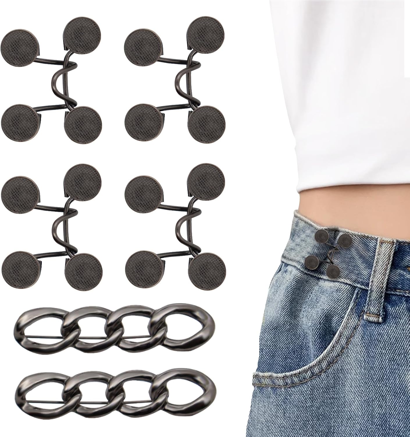 ROPAKED 6 Set Pant Waist Tightener Buttons Pins for Loose Jeans Reusable Waist Cincher Clip Metal Brooch for Clothing Dresses Skirts No Sewing Decoration Accessories（Black - Amazon product rated Grade B