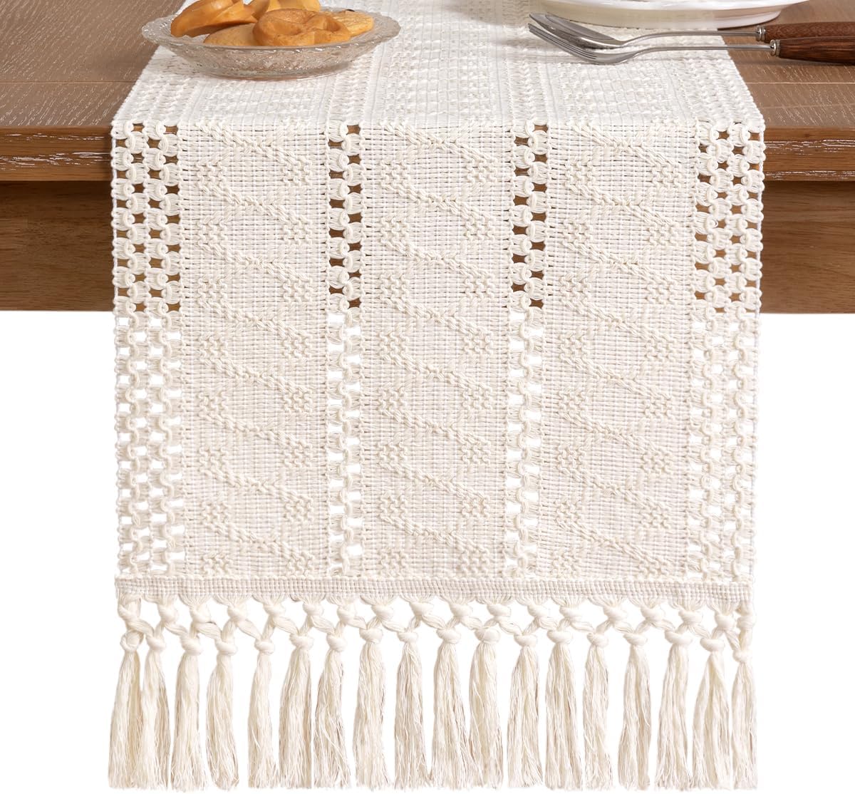 Socomi Boho Table Runner Summer Farmhouse Rustic Dining Kitchen Centerpiece Decor Small Macrame Woven Cotton Linen Coffee Table Runner for Dresser Scarf Home Decor 12x36 inch Cream Ivory