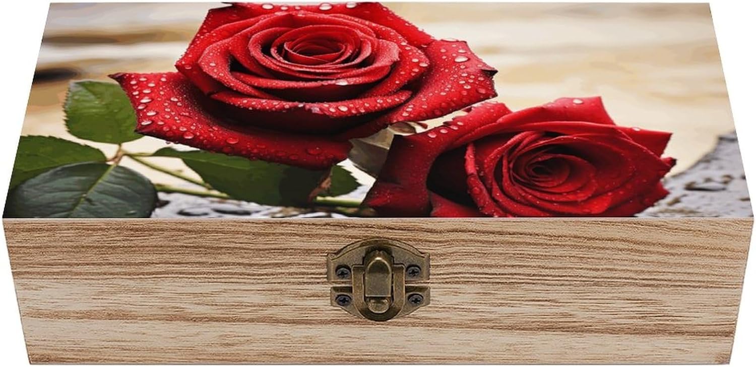Wood Keepsake Box with Hinged Lid Handmade Wooden Wedding Memory Treasure Boxes Organizer Decorative Red Rose Flowers Storage Box for Jewelry Coins Cards Photos Letters Crafts Storage