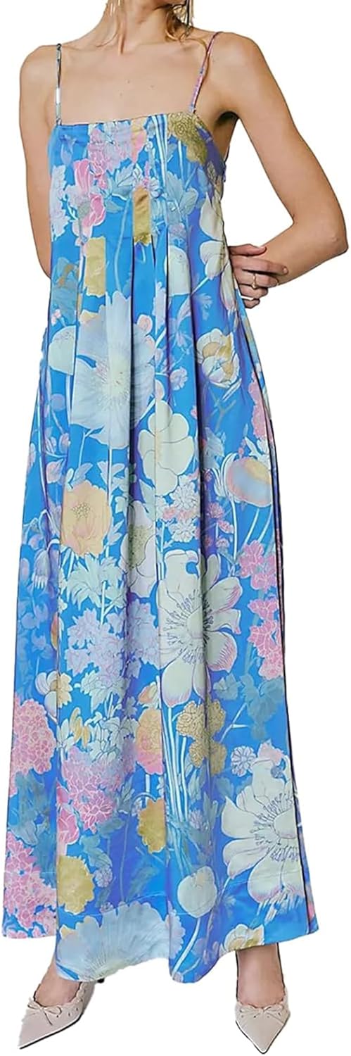 Women Floral Maxi Dress Spaghetti Straps V Neck Lace Patchwork Flowy Tiered Wedding Guest Long Dresses