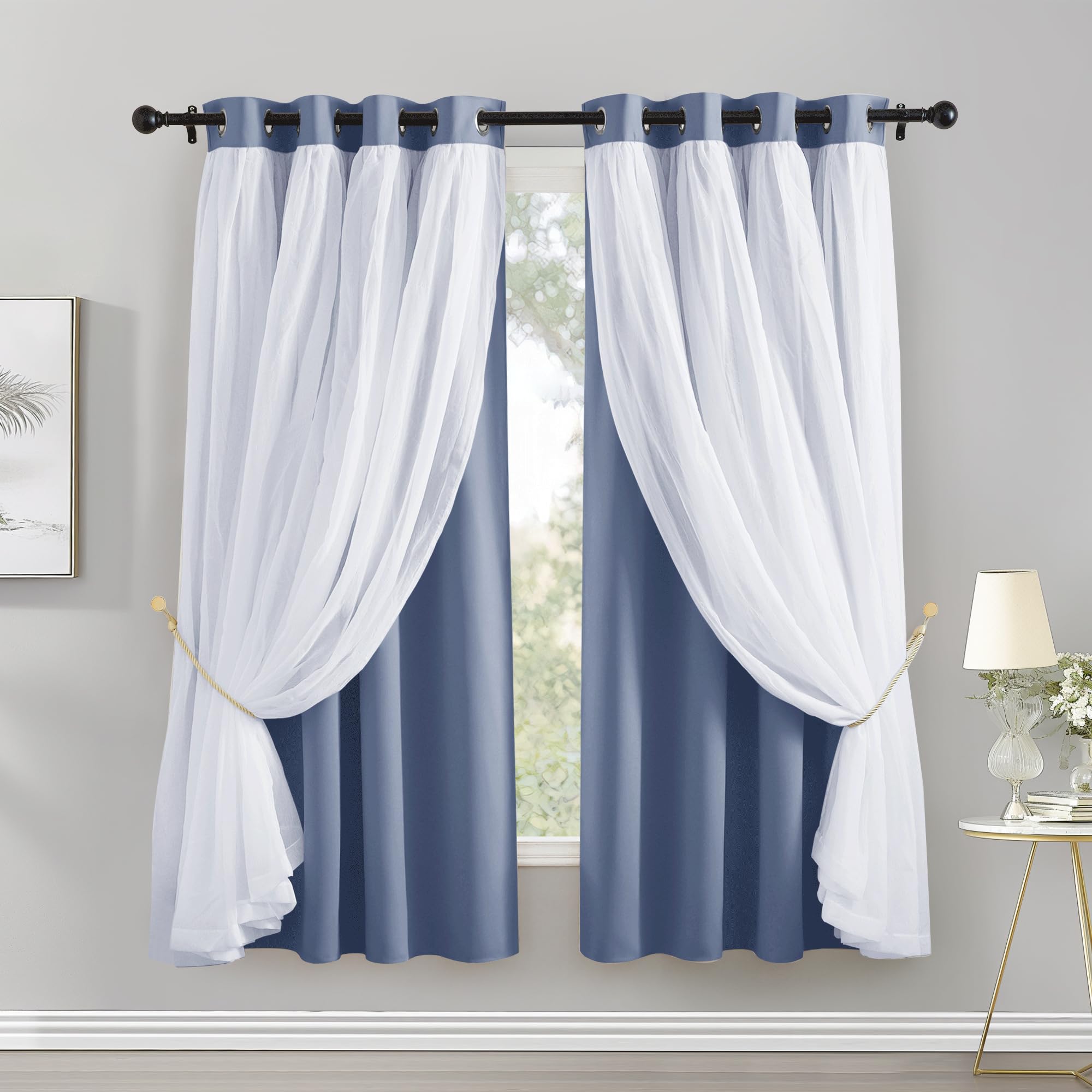 PONY DANCE Sheer Blackout Curtains, 52 Wide by 63 Long, Blue Haze, 2 PCs