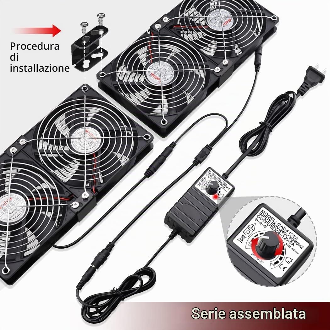 Wathai 4 ventole da 120 mm per server rack GPU Mining Rig con regolatore di velocità da 220 – 240 V e flusso d'aria elevato per il raffreddamento fai da te, armadi AV, TV, router, amplificatori audio