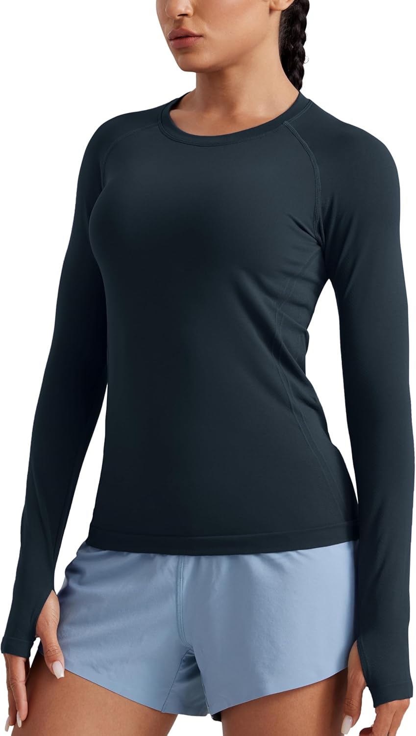 CRZ YOGA Seamless Long Sleeve Shirts for Women Hip Length - Workout Athletic Running Gym Yoga Tops Breathable Crewneck Tshirt