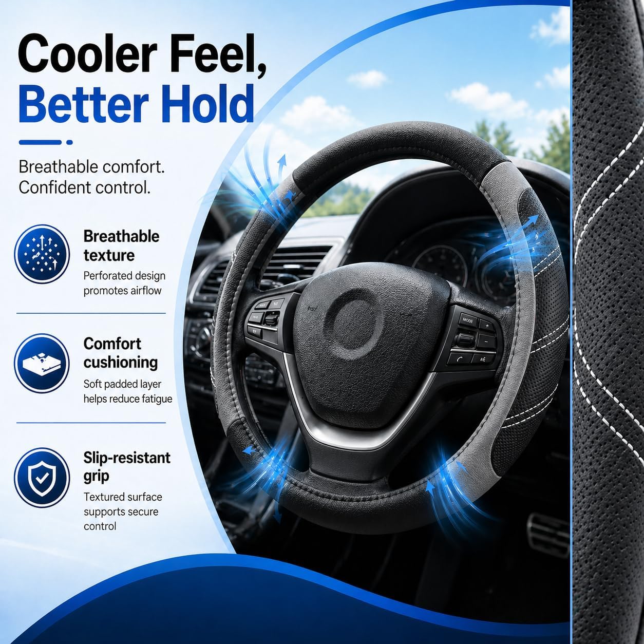  Steering Wheel Cover for 14.5" to 15" Wheels, Soft Padded Grip with Anti-Slip Inner Lining, Breathable Comfort for Daily Driving, Easy Stretch Fit for Cars, SUVs and Trucks, Black/Gray thumbnail