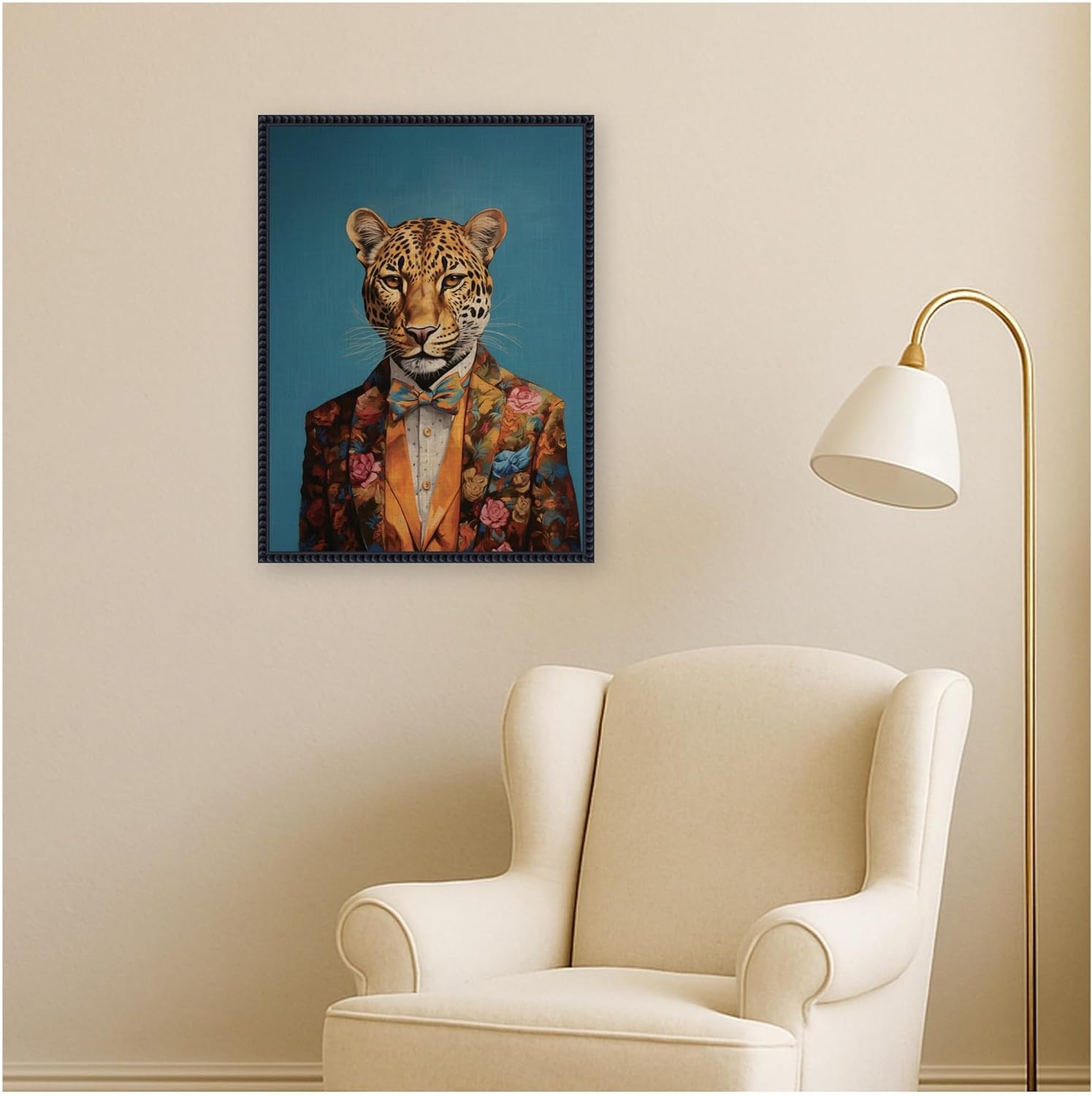 Kate and Laurel Framed Canvas Wall Art Print Regal Portrait of a Cheetah by The Creative Bunch Studio, 18 x 24 Sylvie Beaded Black Frame, Whimsical, Animal Art for Wall Decor