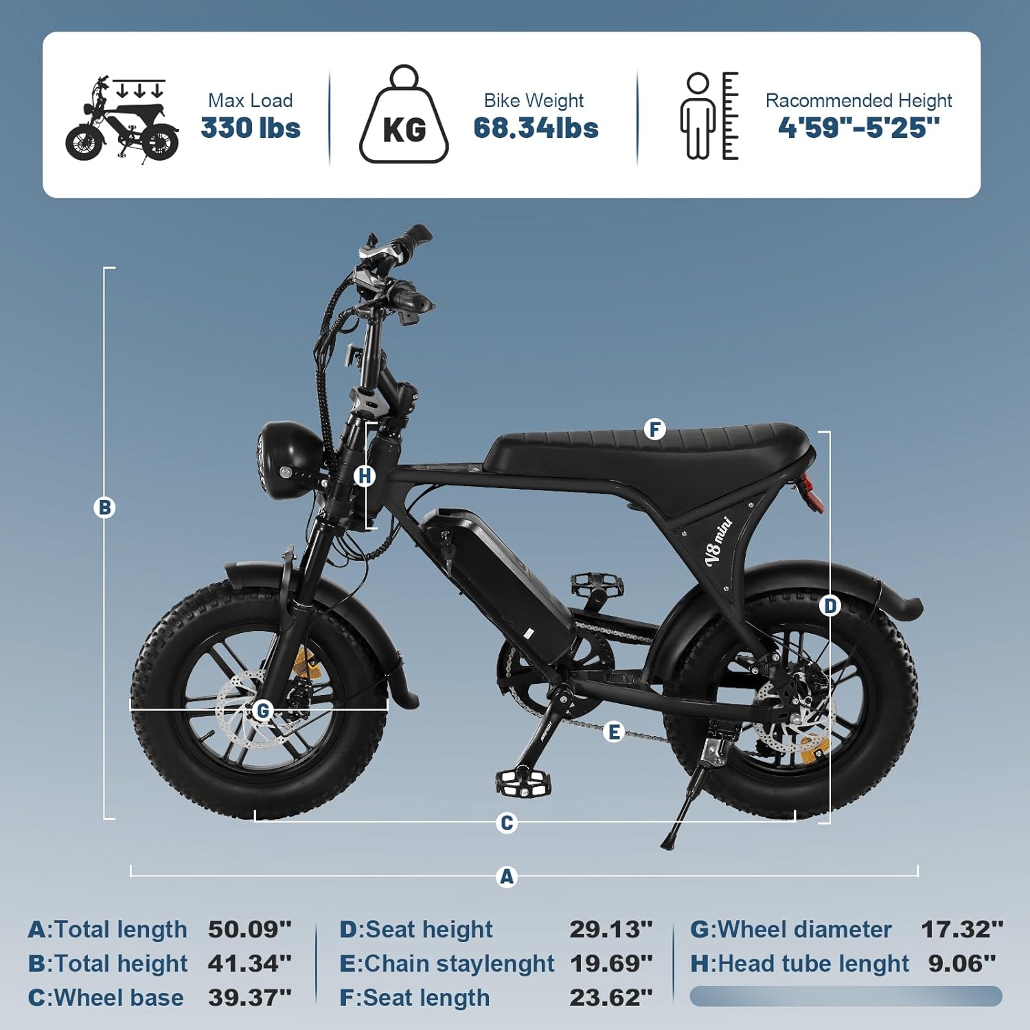 OUXI V8 Mini Electric Bike dimensions and weight