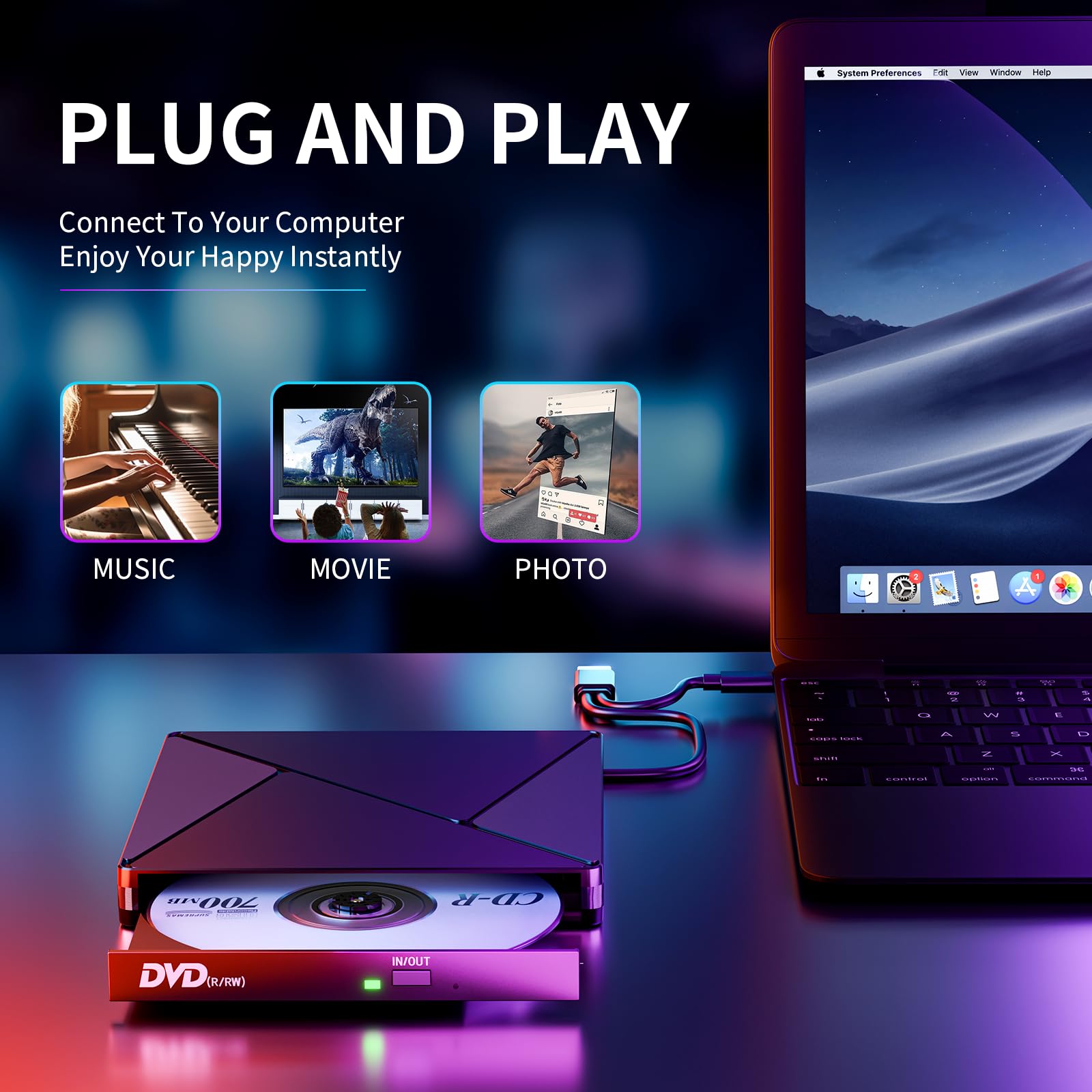 BHHB Lettore DVD CD Esterno per PC Portatile Masterizzatore CD/DVD +/-RW Drive CD ROM Unità DVD Esterne per Windows 11/10/8.1/7/XP/Vista/Linux/MacOS/Linux/Laptop/Desktop