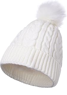 Eioeoey Women's Knit Slouchy Skullies Hat Beanies for Women Thick Baggy Hat Faux Fur Pompom Fall & Winter Hats