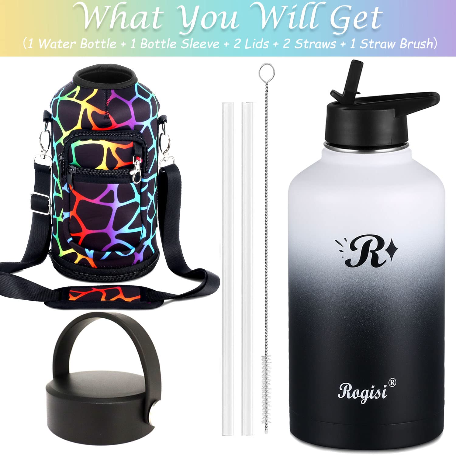 Insulated Half Gallon Water Bottle with Straw, Sleeve & 2 Lids, Rogisi 64oz Stainless Steel Gallon Water Jug Wide Mouth Vacuum Metal Thermo Mug with Carrier Keep Cold for 48 Hrs or Hot for 24 Hrs