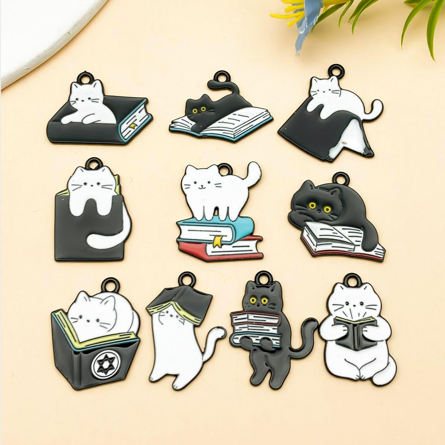20pcs Alloy Enamel Printed Flower Black Background Black and White Cat Reading Series Pendant Jewelry Making DIY Keychain Earrings Pendant Various Design Charms for Jewelry Making Bracelets Necklace (SN1089) - Image 2