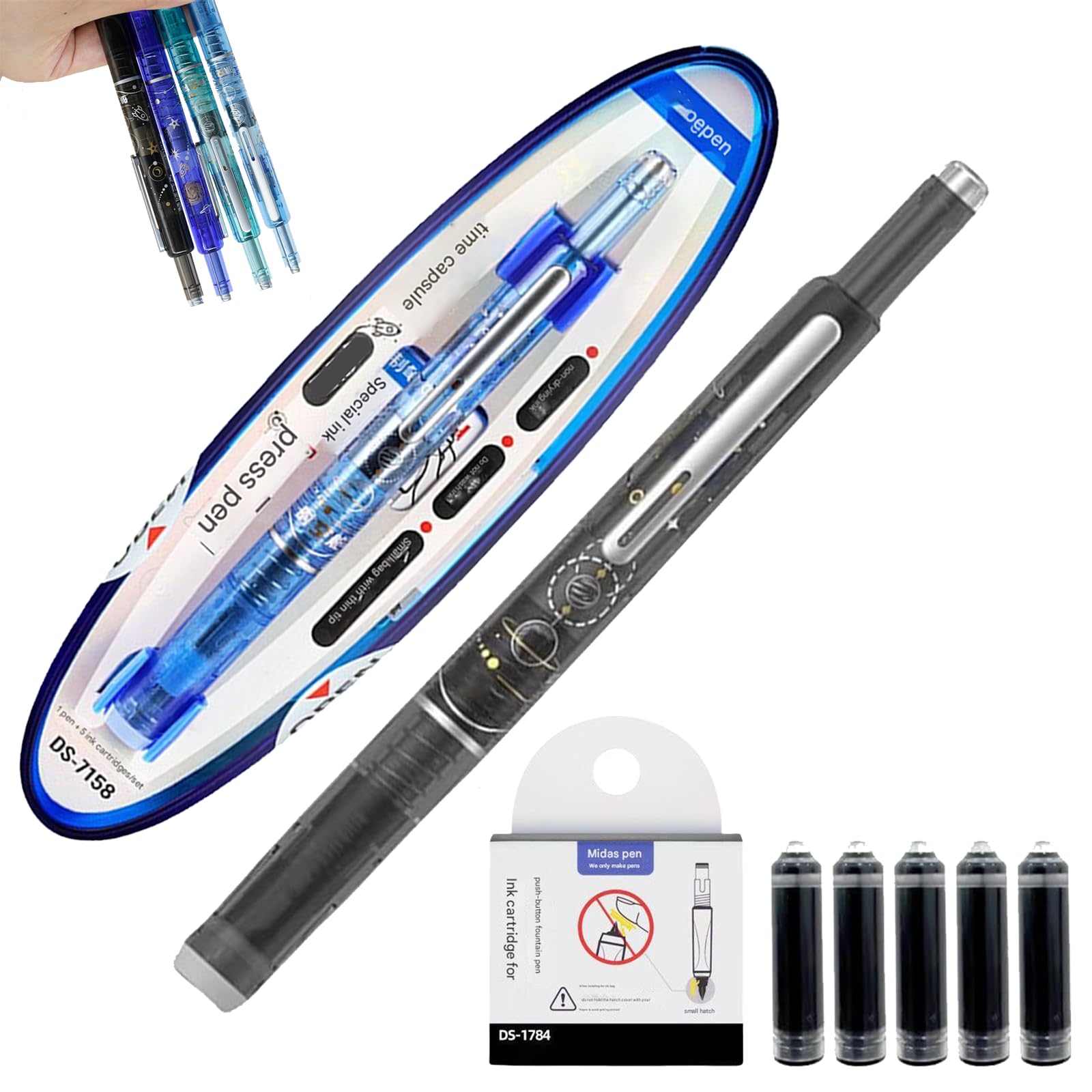 Qosneoun Retractable Fountain Pen, Refillable Fountain Pen, 0.38mm Blue&Black Ink Transparent Barrel Includes 5 Refillable Ink Cartridges for Smooth Writing No Leaking (Black, Erasable ink blue)