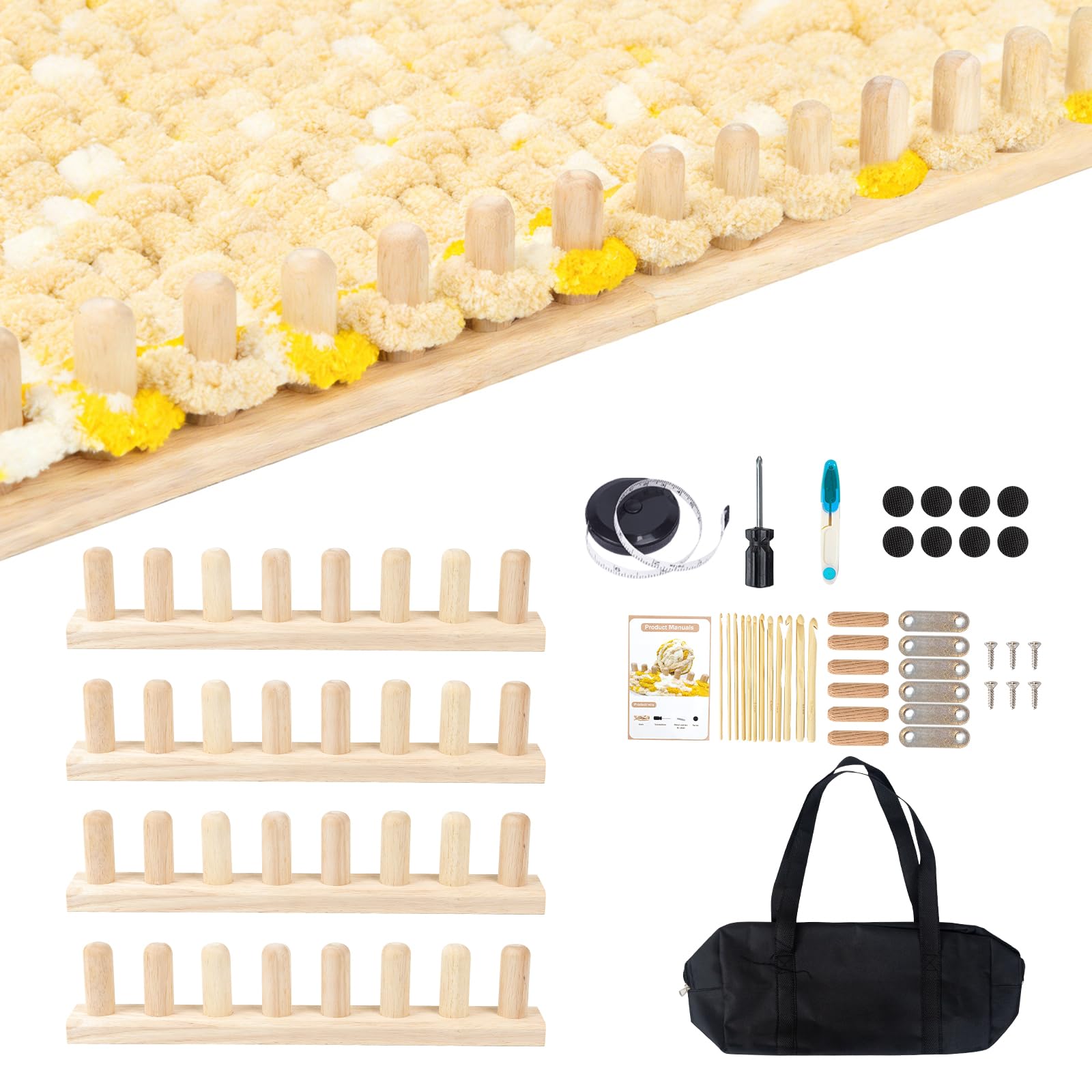 WodGod 62.8” Chunky Blanket Loom Kit, Knitting Loom for Chunky Yarn, Modular Yarn Loom for Blankets with Storage Bag, Anti-Slip Base, Premium Rubber Wood Loom Knitting Set