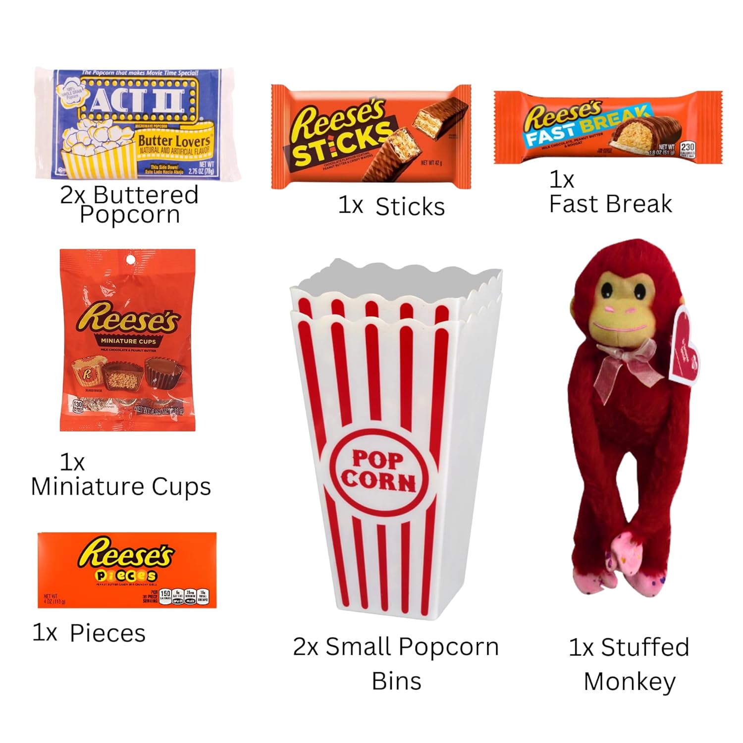 Movie Night Popcorn & Candy Gift Basket - Plush Monkey Around Basket - Perfect Valentine’s Day Treat for a Cozy, Fun Evening at Home or the Theater with Loved Ones (Peanut Butter Style)