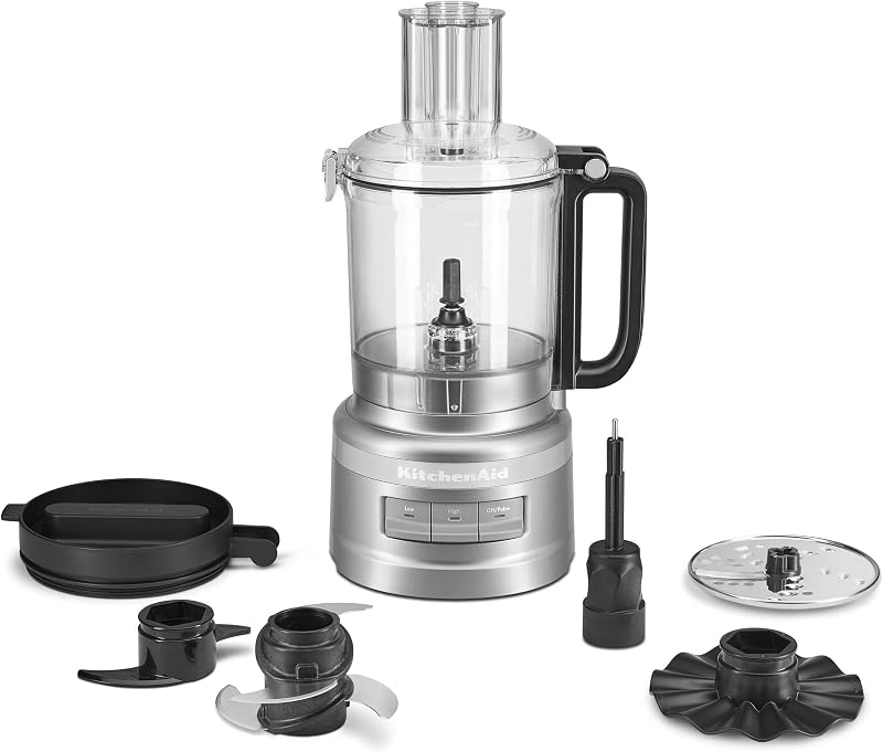 Procesador de alimentos KitchenAid de 9 tazas - KFP0921, Contour Silver | Diseño multiusos de cuatro cuchillas, solución de almacenamiento todo en uno, recipiente de trabajo fácil de limpiar, accesorio para batir, amasar