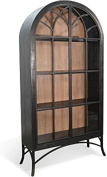 Sunny Designs Ella Arched Metal & Wood Display Cabinet with Glass Doors Powder-Coated Steel Frame, Magnetic Latches, Adjustable Shelves, Windowpane Design, Living Room Storage Umbra/Oak Grove