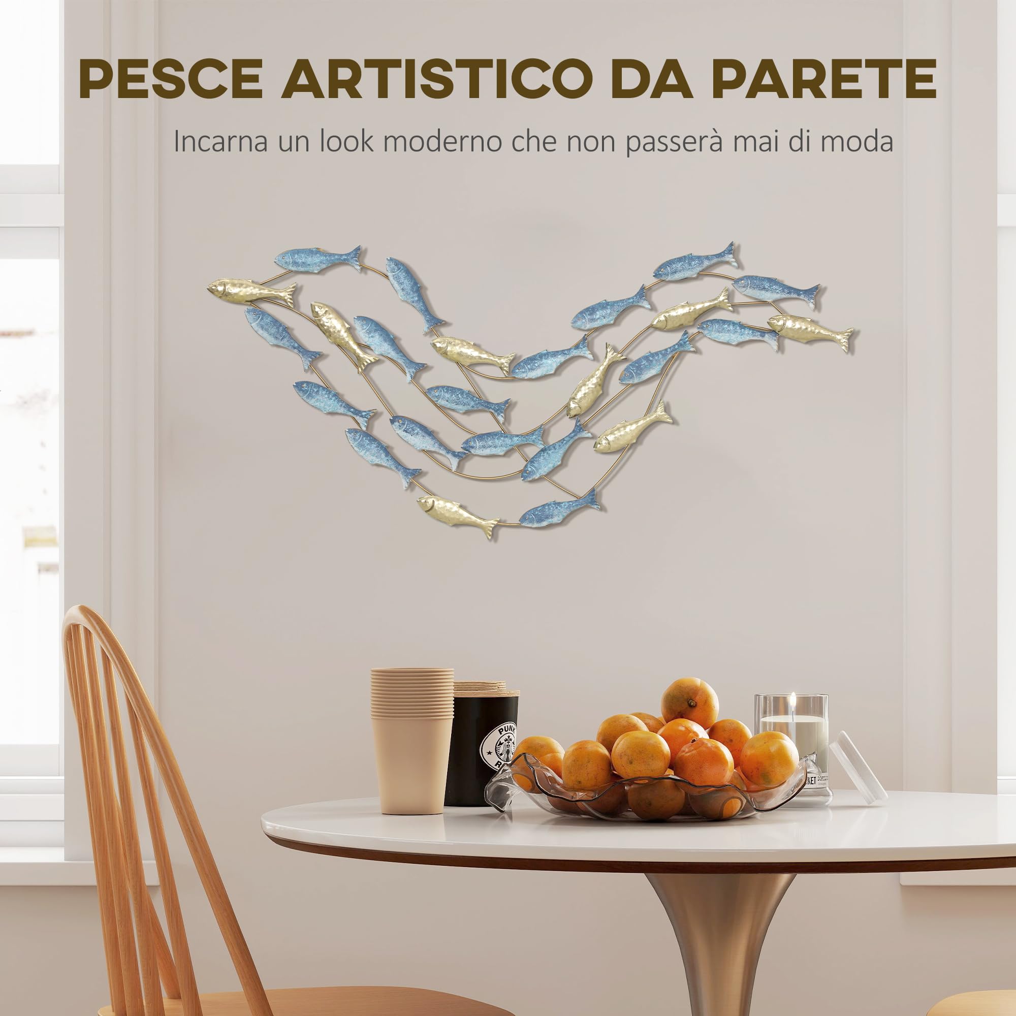 HOMCOM Decorazione Parete di Banco di Pesci con Viti Incluse per Casa e Ufficio, Wall Decor in Metallo, 99.7x3.8x50.2 cm, Oro e Blu