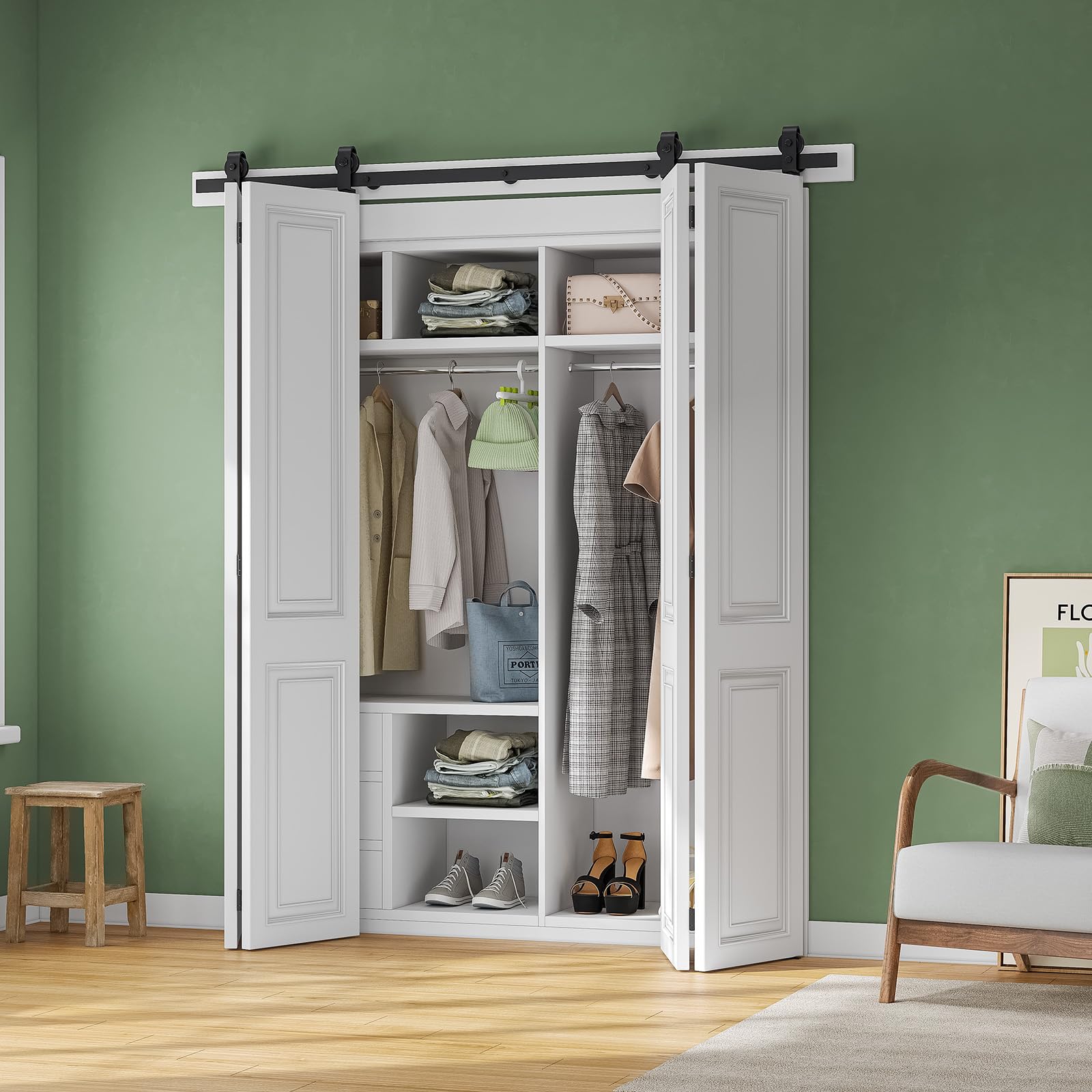 SMARTSTANDARD 72" Bifold Sliding Barn Door Hardware Kit, 6ft Top Mount Bi-Folding Track Kit for 4 Closet Pantry Laundry Doors-Smoothly and Quietly, Black [No Door]