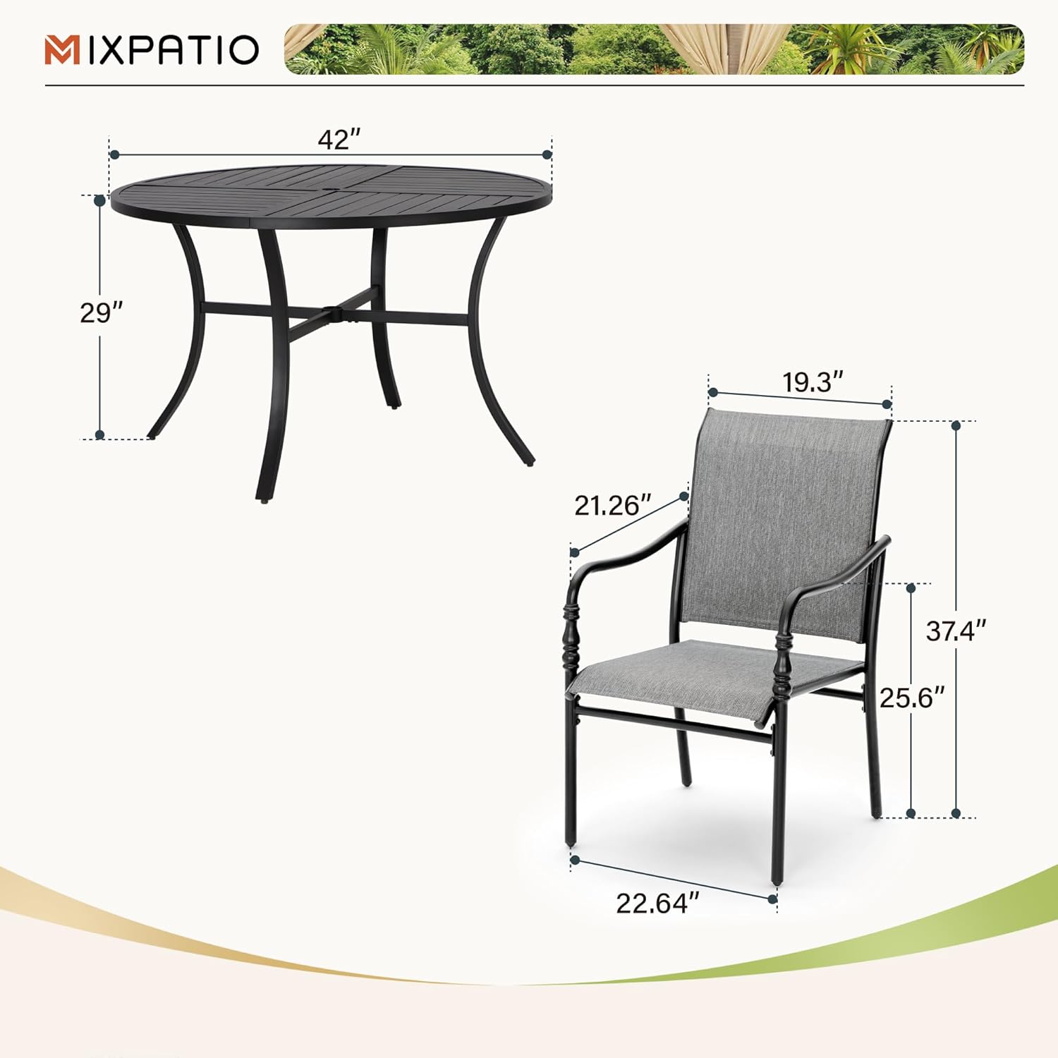 Patio Table and Chairs Set, 7 Pieces Patio Dining Set with 6 Textilene Chairs, and Round Outdoor Dining Table with Umbrella Hole for Garden Lawn Porch and Backyard Poolside, Grey