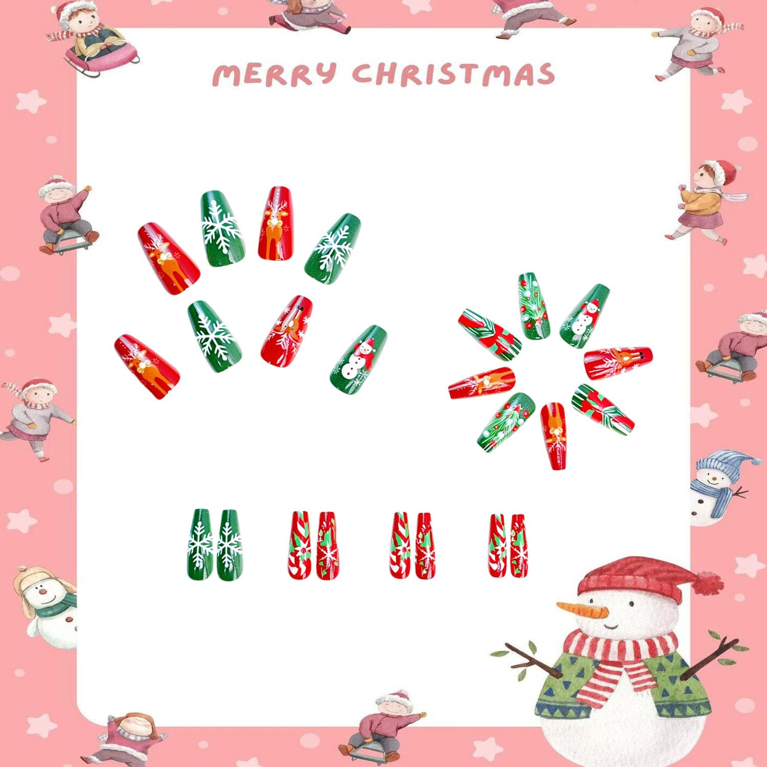 Christmas Press on Nails Medium Square With Colorful Designs - Cute Reindeer Snowman Tree Winter Glossy Glue on Xmas Acrylic for Women Girls - Red Green 24 Pcs Christmas Nails13