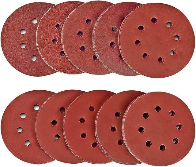 Sanding Discs Pads,SPTA 100Pcs 125mm Orbital Sander Discs, Hook and Loop 40# 80#,120#,180#,320#,400#,600#,800#,1500#,2000# Grits 8-Holes Sandpaper for Random Orbital Sander-SDPS5M100