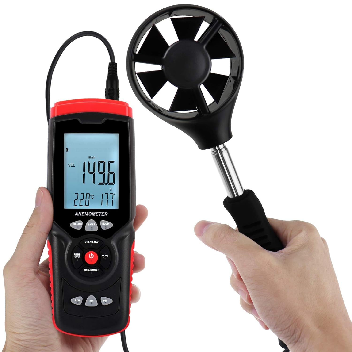 Professional Anemometer Datalogger Wind Speed Velocity Meter Air Flow CFM CMM Air Volume Wind Direction Temperature Humidity Measurement Digital Tester Gauge with MAX/MIN/AVG Value, Data Hold