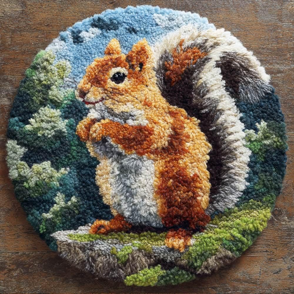 Round Latch Hook Rug Kits Squirrel For Adults And Starter 50*50Cm