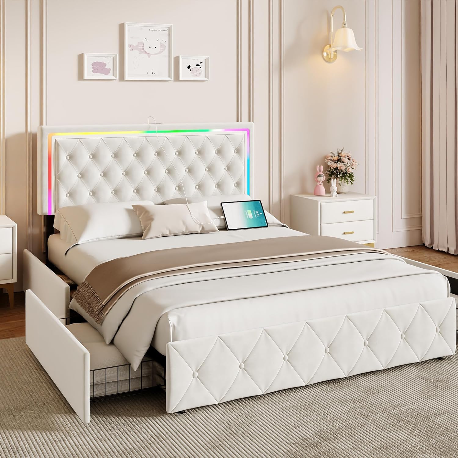 King Size Bed Frame with Storage Bed Frame King Size with 4 Drawers and Charging Station Velvet Upholstered