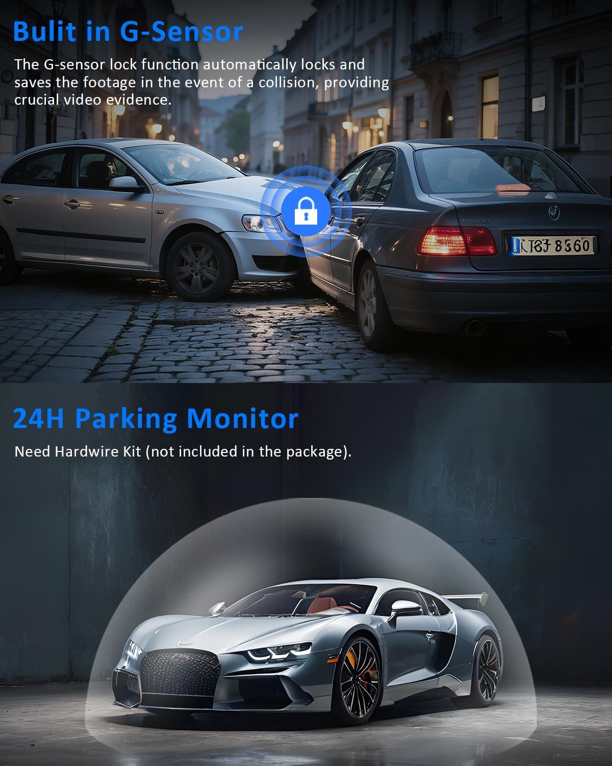 ZKCAMSPY X12 Dash Cam G-Sensor feature, showing two cars in a collision with a lock icon, indicating automatic footage protection.