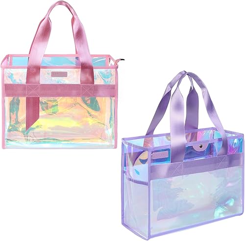 2-PCS 26L Iridescent Beach Bag for Women,Purple Beach Tote Bag & Pink Clear Tote Bag for Summer Beach Essentials