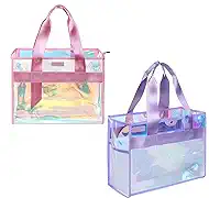 2-Piece 26L Iridescent Beach Bags for Women,Purple Beach Tote Bag & Pink Clear Tote Bag, Large Waterproof Beach Bags for Family Summer Travel Essentials