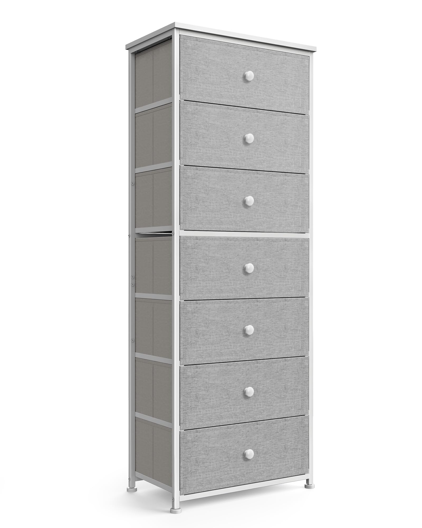 Tall Fabric Dresser for Bedroom, Vertical Storage Organizer Tower with 7 Drawers, Chest of Drawers with Bins, Steel Frame, Wood Top for Bedroom,