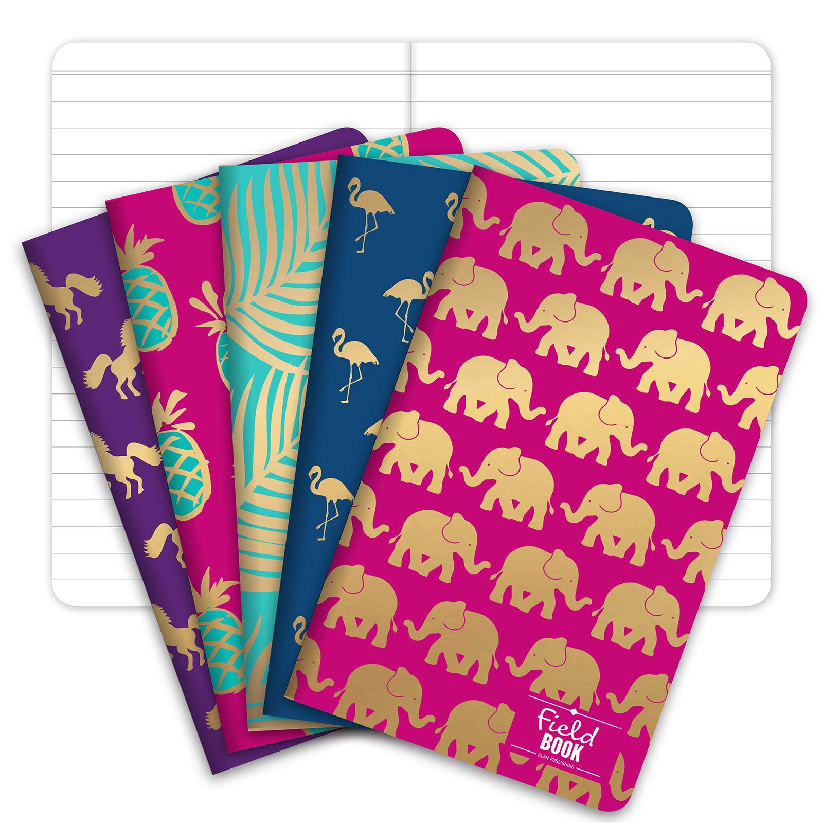 Elan Publishing Company Field Notebook/Pocket Journal - Gold Foil Patterns - Lined Memo Book (3.5"x5.5") - Pack of 5