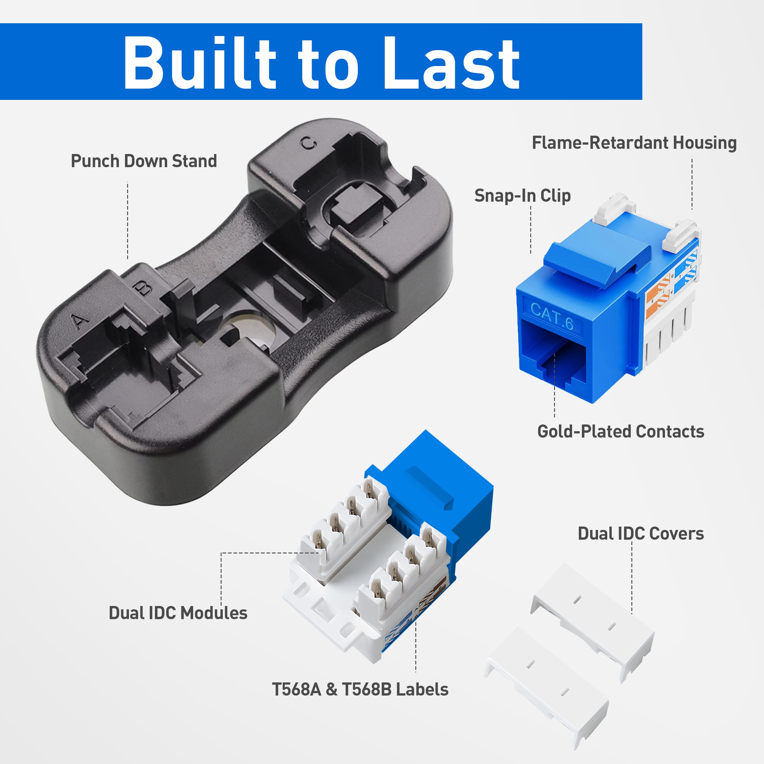 25 x gniazdo Keystone Cat 6 RJ45 10 Gb/s, złącza Keystone Cat6, niebieskie złącze modułowe Ethernet z narzędziem do wiercenia i uchwytem do panelu