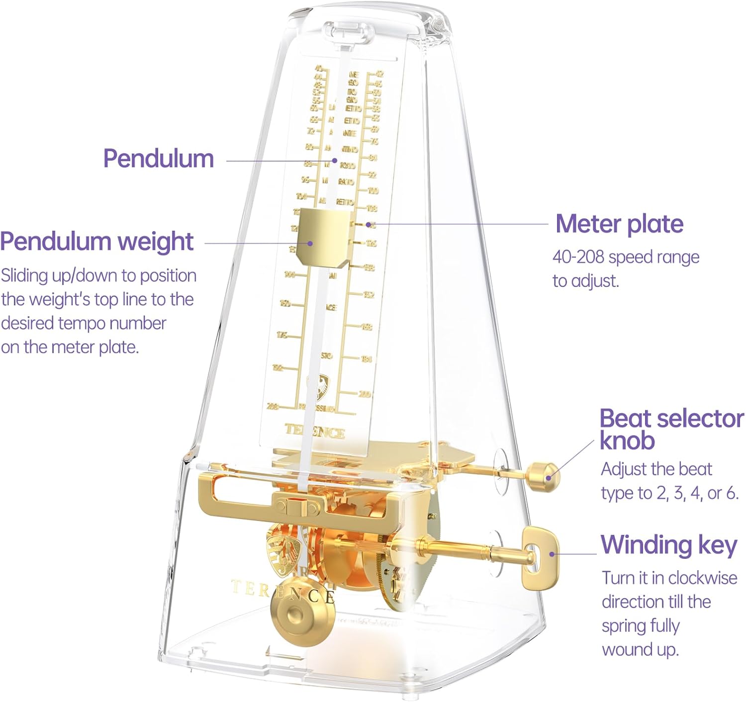 TERENCE Mechanical Metronome for Piano Guitar Violin Bass Drum and Other Musical Instruments Loud Sound,High Precision Track Beat and Tempo,Portable Metronome Gift Teaching for Beginners(Transparent)
