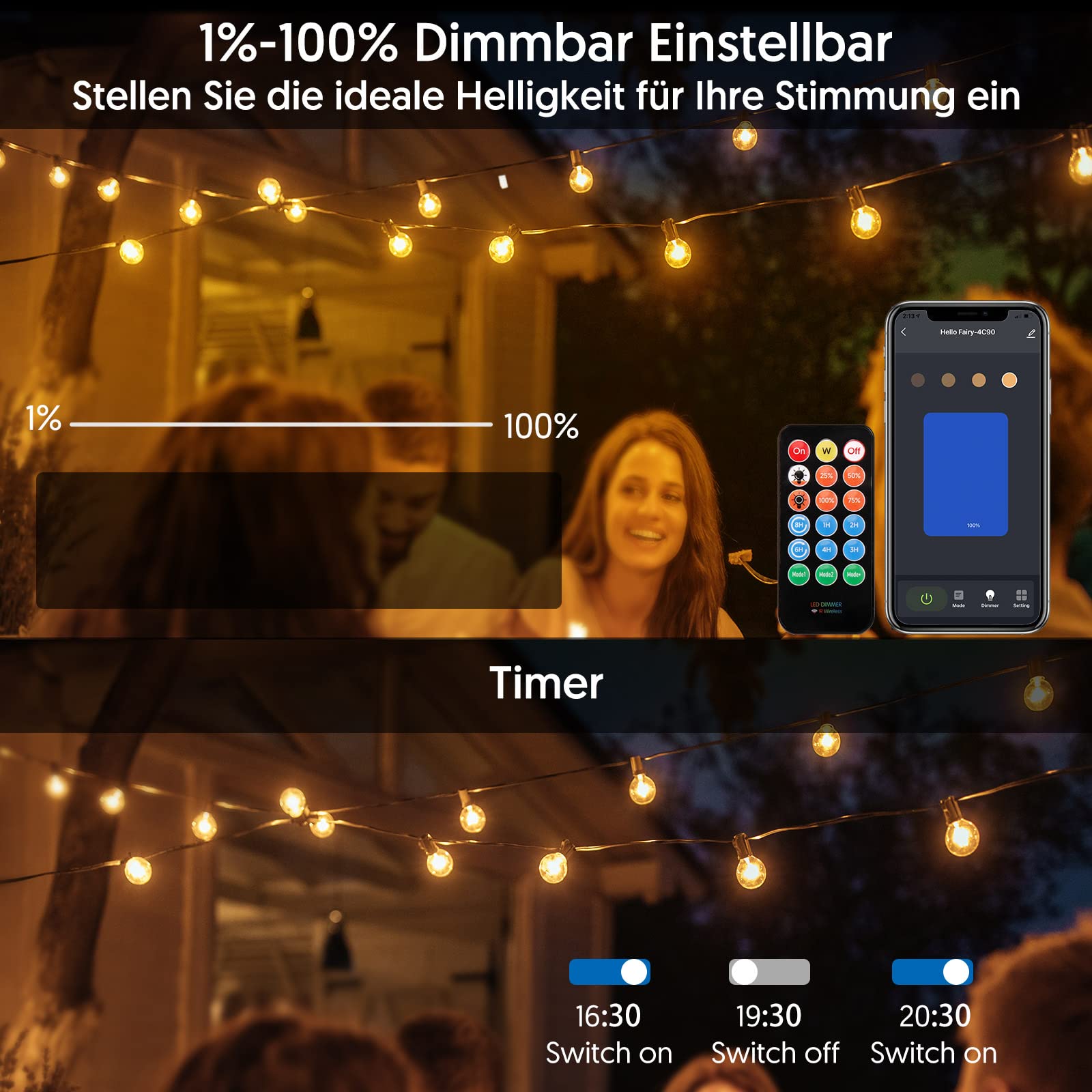 Avatar Controls Guirlande Lumineuse Extérieure Dimmable 15m, APP& Contrôlé Guinguette 25 LED G40 Ampoules Incassable Étanche IP65, Raccordable Lumières Suspendues pour Patio Fête Chaude Blanc