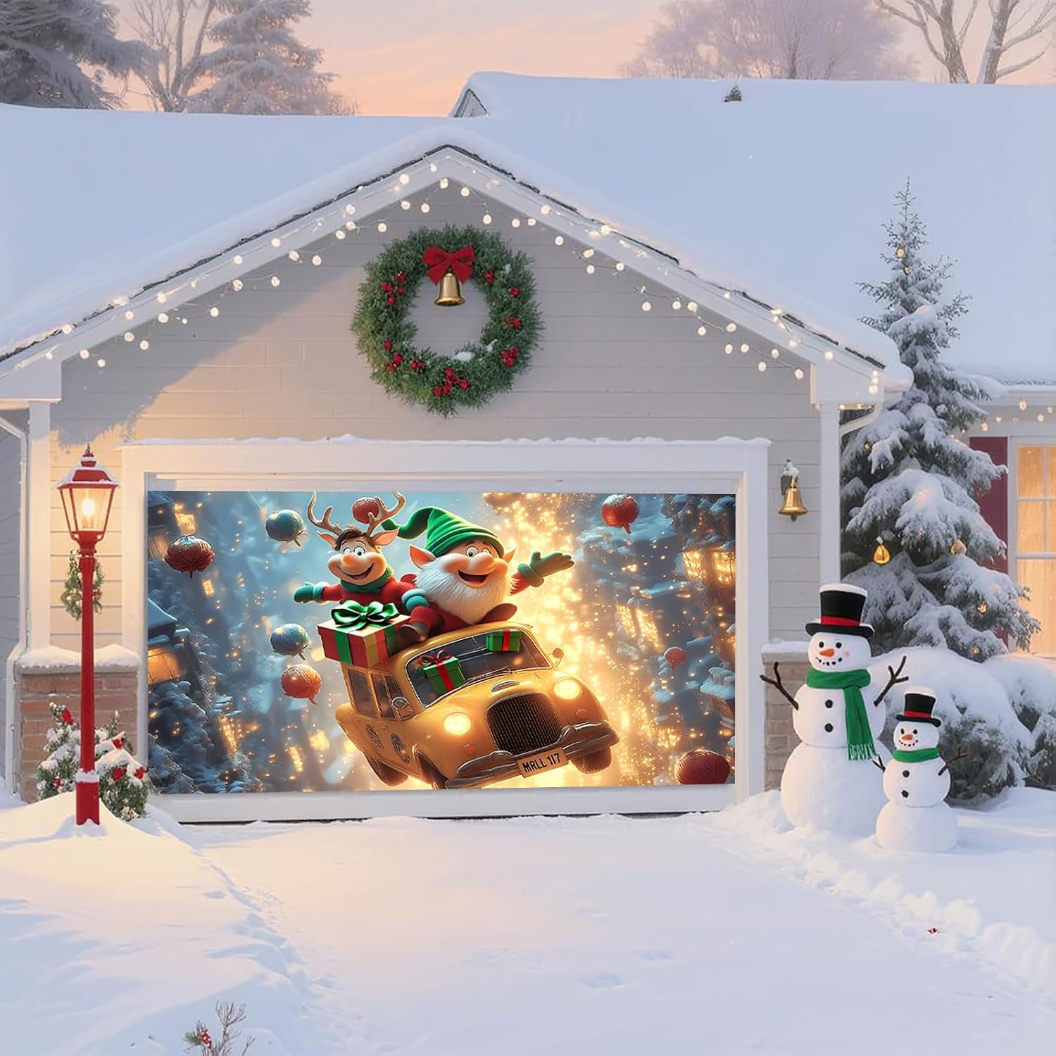 Christmas Garage Door Banner – Flying Elf & Reindeer in Festive Taxi with Gifts, UV Light-Responsive Yellow Glow, Large Outdoor Holiday Mural for Porch & Living Room,16 x 7ft/4.8 x 2.1m