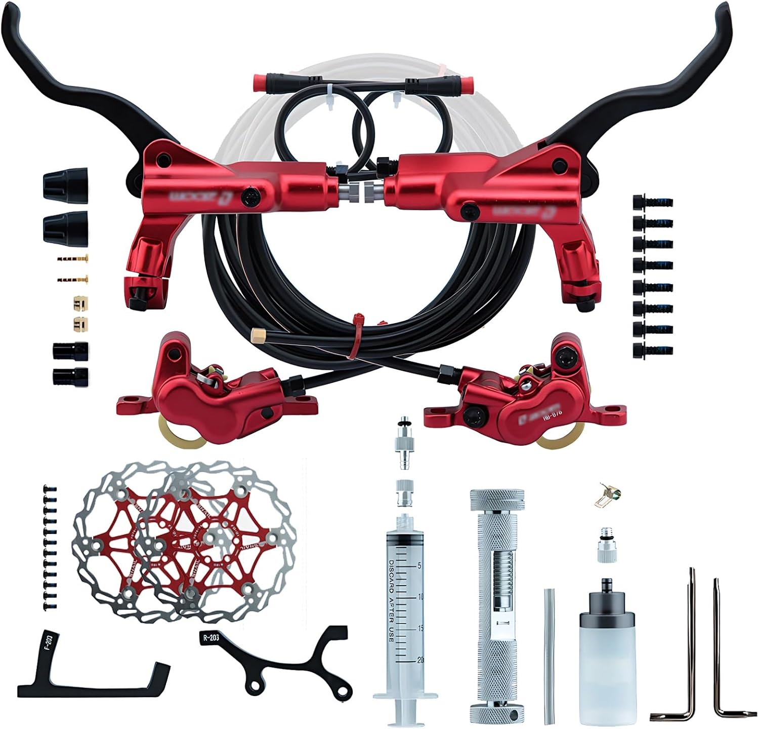 4-Pistons E-Bike Hydraulic Brake Set with 160mm/180mm/203mm Rotors 2-PIN Power-Off Disc Brake Set Alu Caliper Lever for Electric Bicycles Include 2300mm Hose