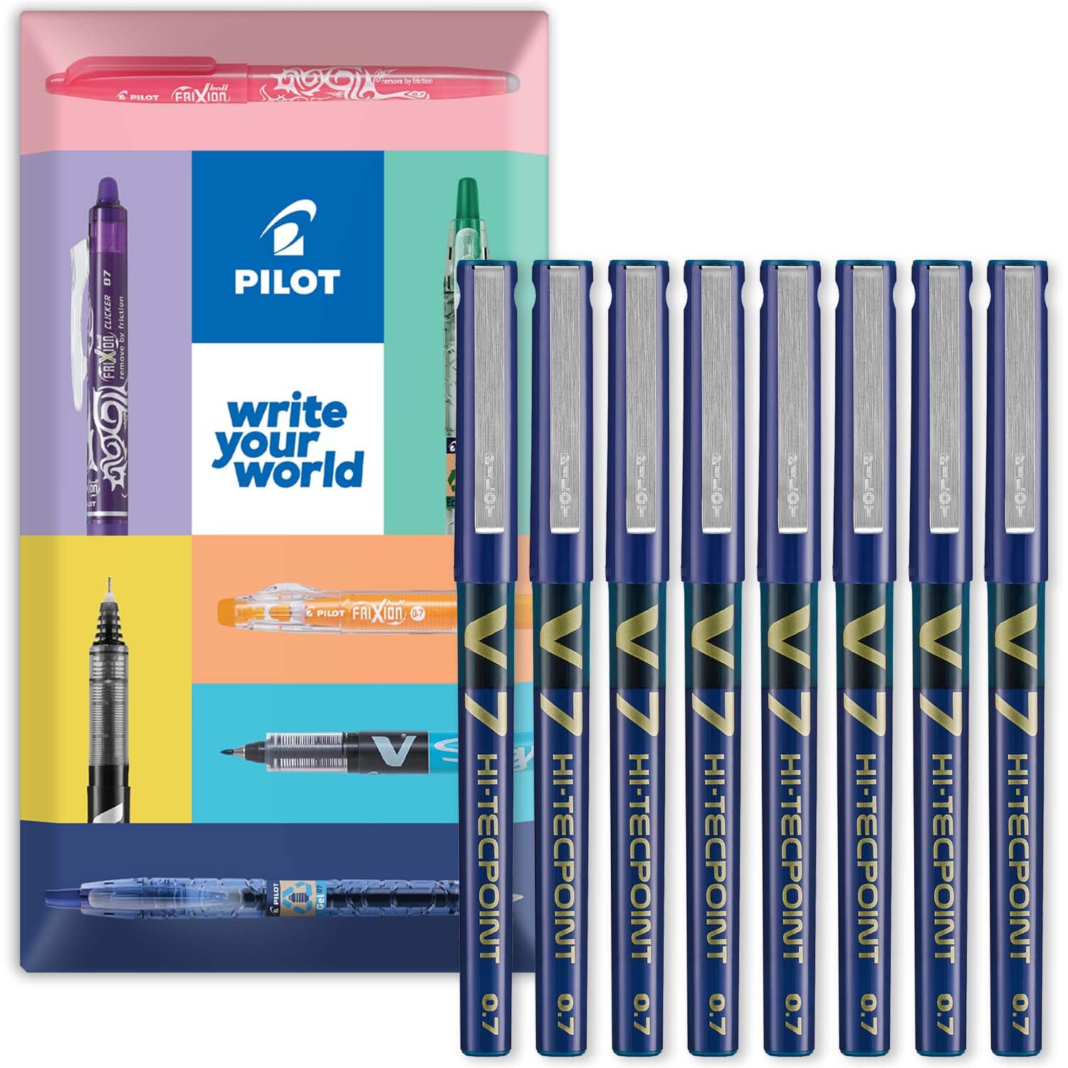 PILOT V7 Hi-Tecpoint Rollerball Pen - Liquid Ink - Medium 0.7mm Nib - In Envelope Gift Packaging - Pack of 8 (Blue)