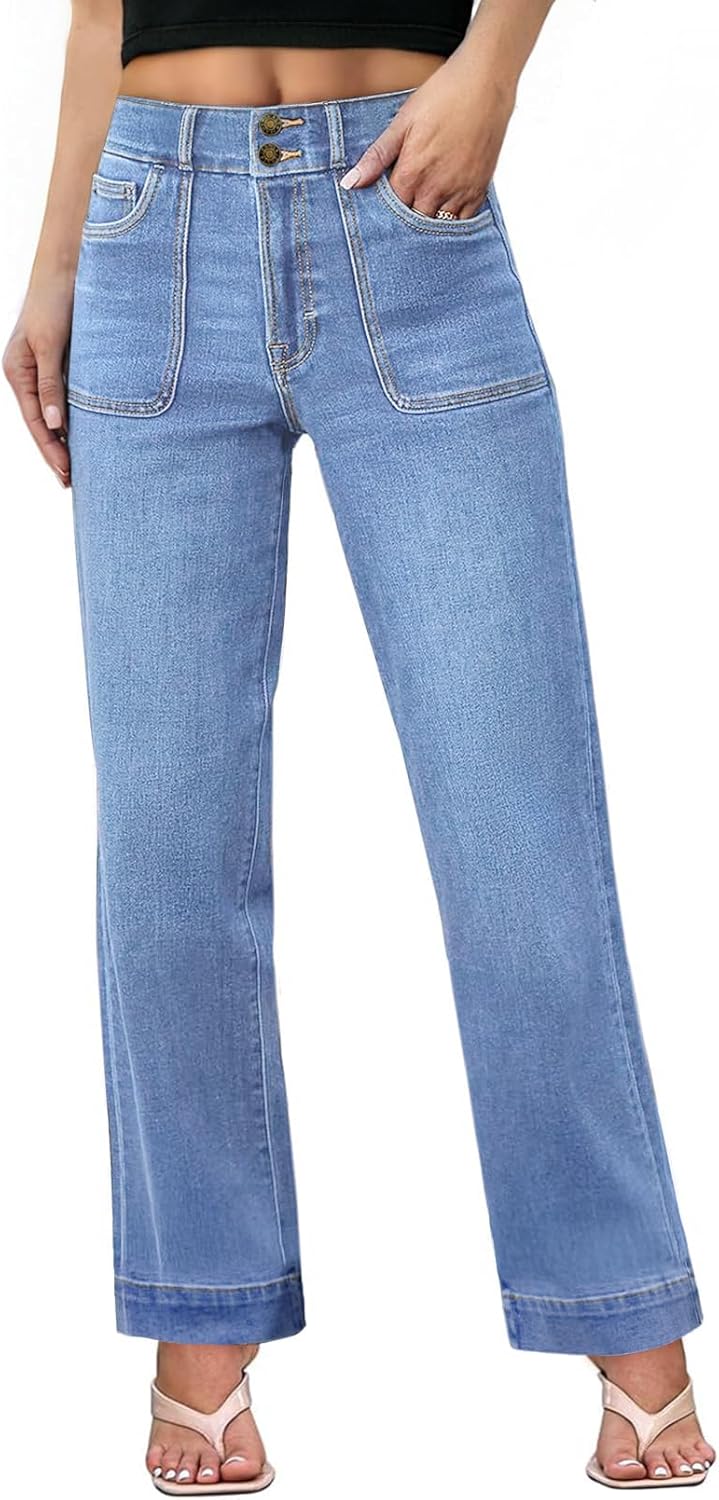 Sidefeel Women's Straight Leg Jeans High Waisted Stretchy Tummy Control Wide Leg Denim Pants Fall Outfits